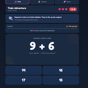 Könnte beinhalten: Ein dunkelblauer Bildschirm eines Lernspiels mit dem Thema Zug. Das Spiel enthält eine Matheaufgabe: 9 + 6. Der Text "Union Station - Was ist die Antwort?" steht unter der Gleichung. Vier Antwortmöglichkeiten werden angeboten: 14, 16, 17 und 15.