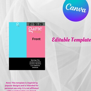 May include: A digital template for a cigar wrapper, featuring a blue and pink design with the text "Game" and "Front." The template includes a warning about nicotine and is available for instant download. The Canva logo is also visible.