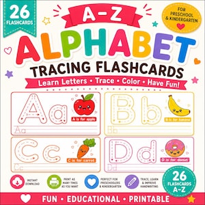 Può includere: Schede didattiche per il tracciamento dell'alfabeto colorate per la scuola materna e dell'infanzia. Il design include le lettere A-Z, con illustrazioni di mela, banana, carota e ciambella. Il testo dice "Impara le lettere, traccia, colora, divertiti!" e "Stampabile".