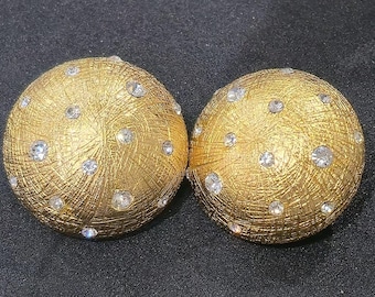 Vintage Christian Dior 1980 Gilt Button Stud Earrings Diamond Accent Signed NEW.