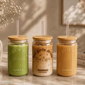 Glas met naam, ijskoffieglas, matchaglas, chai-tumbler, bamboe deksel en rietje, leuk naamcadeau, herbruikbare koffiebeker, meeneembeker