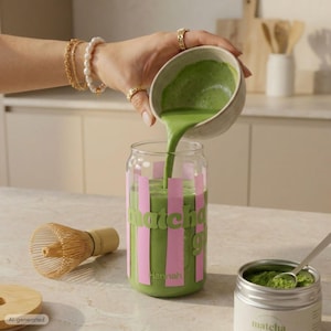 Leuk Matcha-glas, gepersonaliseerde glazen, bamboe deksel en rietje, Matcha-liefhebber, duurzame cadeaus, drinkglazen, Matcha Latte, om mee te nemen, gestreept