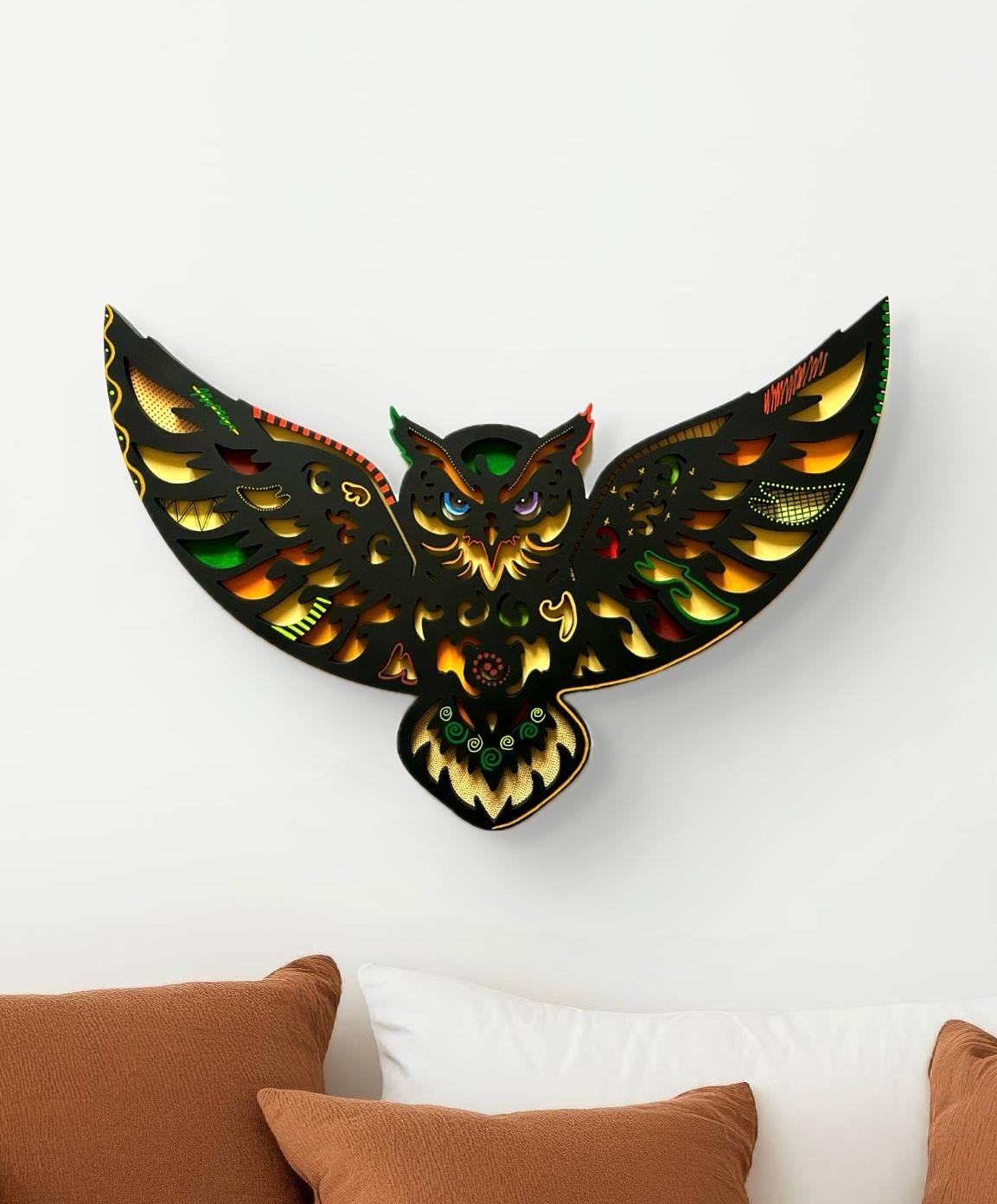 Colorful Owl Wall Art | Layered Wood Sculpture | 3D Bird Decor | Street Art Style | Handmade