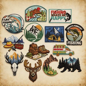 Handgestickte Outdoor-Abenteuer-Aufnäher, individuelle Natur-Aufnäher zum Aufbügeln, Aufnäher-Set zum Thema Angeln, Wandern und Camping, Geschenk für Mama und Papa