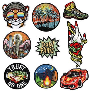 Handgeborduurde retro patches set | Aanpasbare strijkpatches | Vintage outdoor & stoer cadeau voor rugzakken en jassen