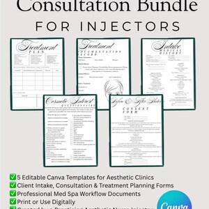 May include: A bundle of aesthetic clinic templates, including a treatment plan, medical history, and consent form. The documents are designed for injectors and include a cosmetic interest questionnaire. The Canva logo is visible.