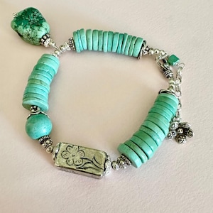 Vintage Celadon Green Turquoise and Tibetan Turquoise and Sterling Silver Bracelet/Light Green Turquoise Sterling Silver Bracelet/Gift 4 Her