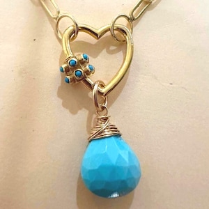 A Turquoise Gold Detachable Heart on a Gold Paperclip Chain with a Turquoise Gemstone dangling from the Heart / Turquoise Necklace for Her