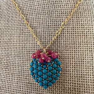 Turquoise Heart and Pinkish Red Rubies Necklace: Gold Filled Chain