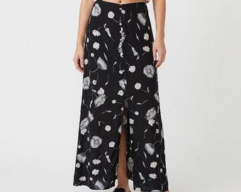 Vintage 90s Street Code Black Floral Maxi Skirt Sz L Button Front Phoebe Whimsigoth