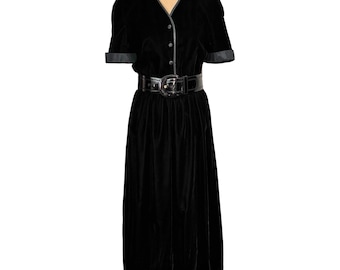 Vintage Abert Nipon Retro Black Velvet Midi Dress Size M Fit & Flare Buttons