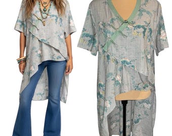 Vintage Asymmetric Cheongsam Top Floral One Size Asian Boho Mandarin Festival