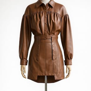 Puede incluir: Un vestido de cuero marrón exhibido en un maniquí. El vestido presenta una parte superior abotonada con cuello, mangas largas y cintura entallada. La falda es una minifalda con detalles de botones. El vestido es de color marrón cálido liso.