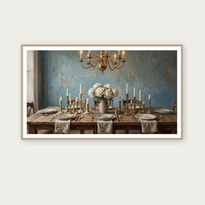 May include: A rustic wooden dining table set for a formal dinner. The table is adorned with white plates, linen napkins, and antique brass candle holders with lit candles. A vase of white flowers sits in the center, beneath a chandelier.