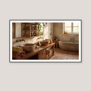 May include: A rustic bathroom scene featuring a wooden vanity with two stone sinks, a freestanding bathtub, and a wooden shelf with bottles. Rolled towels and decorative items add to the spa-like ambiance. The room has a warm, inviting feel with natural light.