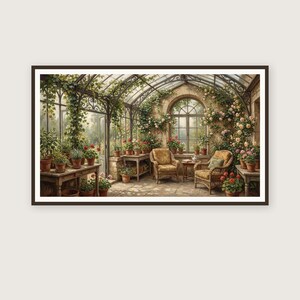 May include: Watercolor painting of a sunlit greenhouse interior. The scene features potted plants, tables, and wicker chairs. Roses and climbing vines adorn the walls and arched window, creating a serene and inviting atmosphere. The artwork is framed in a dark brown border.
