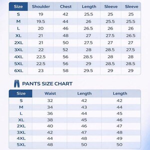 May include: A size chart for clothing, including measurements for shoulders, chest, length, and sleeves. The chart also includes a pants size chart with waist and length measurements. Sizes range from S to 6XL.