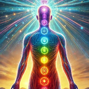 May include: Digital illustration of a human figure with glowing energy centers, or chakras, along the spine. The figure is surrounded by vibrant, multicolored light rays emanating from the head, creating a sense of spiritual energy and well-being.