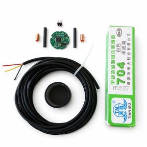 May include: An electronic component kit featuring a circular green circuit board, a long black cable with three exposed wires, two black cylindrical rods, two copper-colored connectors, a black circular cap, and a green tube of 704 silicone adhesive.