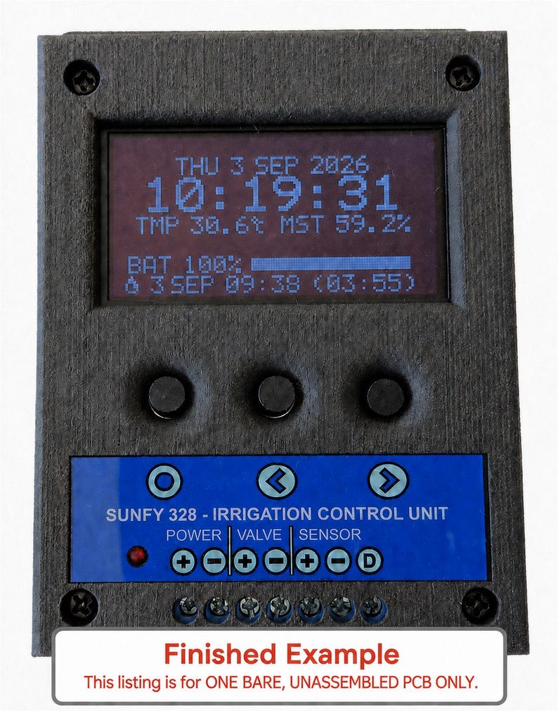 May include: A black rectangular irrigation control unit with a digital display showing date, time, temperature, moisture, and battery levels. The unit features three circular buttons, a blue control panel labeled SUNFY 328, and six screw terminals.