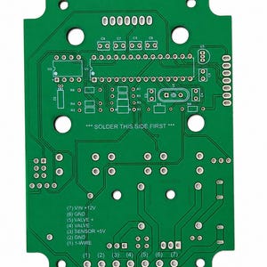May include: A green printed circuit board featuring white silkscreen labels, including the text SOLDER THIS SIDE FIRST, various component outlines, and a numbered pinout list from 1 to 7 with labels like VIN +12V, GND, VALVE, and 1-WIRE.