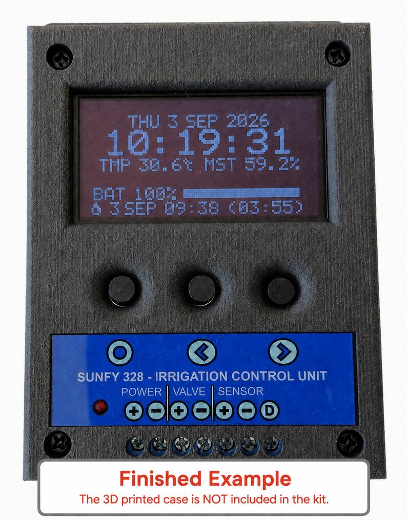 May include: A black rectangular irrigation control unit with a digital display showing date, time, temperature, moisture, and battery levels. The unit features three circular buttons, a blue control panel labeled SUNFY 328, and six screw terminals.