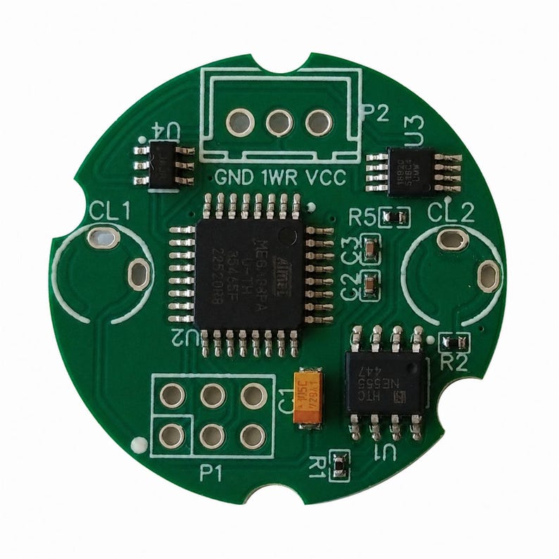 May include: A circular green printed circuit board featuring a central Atmel microcontroller, an 8-pin NE555 timer chip, and various surface-mount components. The board includes labeled connection points for GND, 1WR, and VCC, along with P1 and P2 headers.