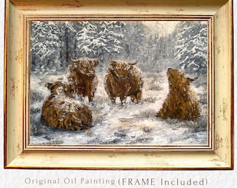 Peinture à l'huile originale de vache Highland encadrée, décoration de ferme rustique, art mural vache d'hiver, couteau à palette empâtement texturé, cadeau nature enneigée