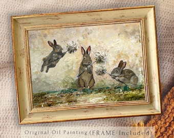 Hare Rabbit Oil Painting Framed, Whimsical Bunny Wall Art, Dandelion Meadow Decor, Textured Palette Knife, Original Impasto, Nursery Gift