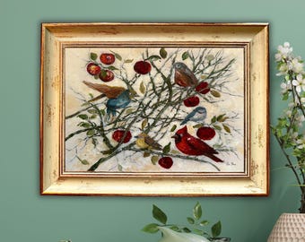 Peinture à l'huile oiseau cardinal, art mural pommier, décoration de Noël oiseau chanteur rouge, empâtement original, cadeau rustique, art cottagecore, encadré