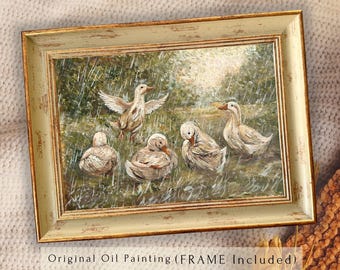 Original gåsoljemålning inramad, ankoljemålning, bondgårdsväggkonst, stugdekor, texturerad palettknivkonst, fågelälskaregåva