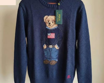 Suéter de punto con oso auténtico de Polo Ralph Lauren / Cuello redondo en mezcla de lana azul marino