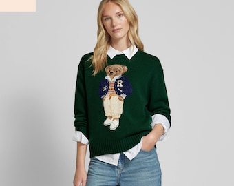 Authentic Polo Ralph Lauren Bear Knit Sweater | Classic Green Blend Crewneck