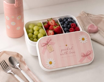 Pink Daisy Ribbon Personalized Bento Lunch Box | Custom Name Kids Bento | Custom Text
