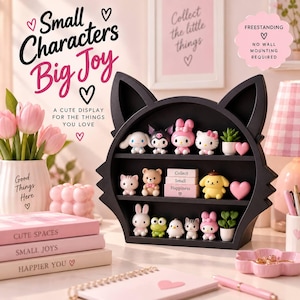 May include: A black cat-shaped display shelf with three horizontal tiers holding various miniature animal figurines, including a white dog, a black bat, a pink rabbit, a white cat, a bear, a yellow dog, and a green frog, with text blocks.