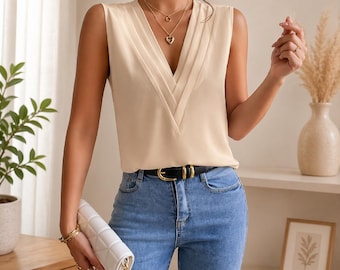 Minimalist V Neck Sleeveless Blouse for Women, Elegant Summer Top, Lightweight Office Wear