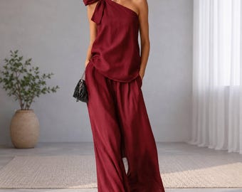 One Shoulder Bow Top, Wide Leg Pants Set, Elegant Polyester Co Ord
