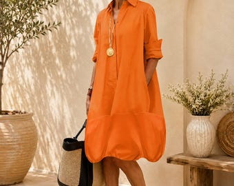Women Oversized Shirt Dress with Pockets, Cotton Blend Loose Midi Dress
