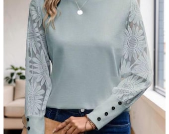 Women’s Minimalist Lace Sleeve Top - Lightweight Polyester Blouse, Stylish Casual Outfit