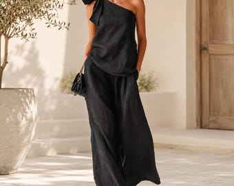 Elegante jumpsuit met één schouder en wijde pijpen voor dames, Casual zomeroutfit, soepelvallende jumpsuit Palazzo-broek,