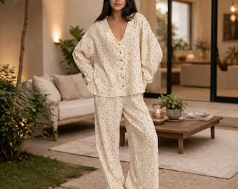 Handmade Floral Cotton Lounge Set, Soft Breathable Pajamas, Relaxed Fit Loungewear