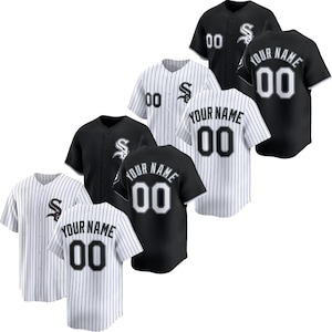 May include: A collection of baseball jerseys in black and white. Some jerseys have vertical stripes, while others are solid. Each jersey features the number "00" and the text "YOUR NAME" on the back. The letter "S" is on the front.