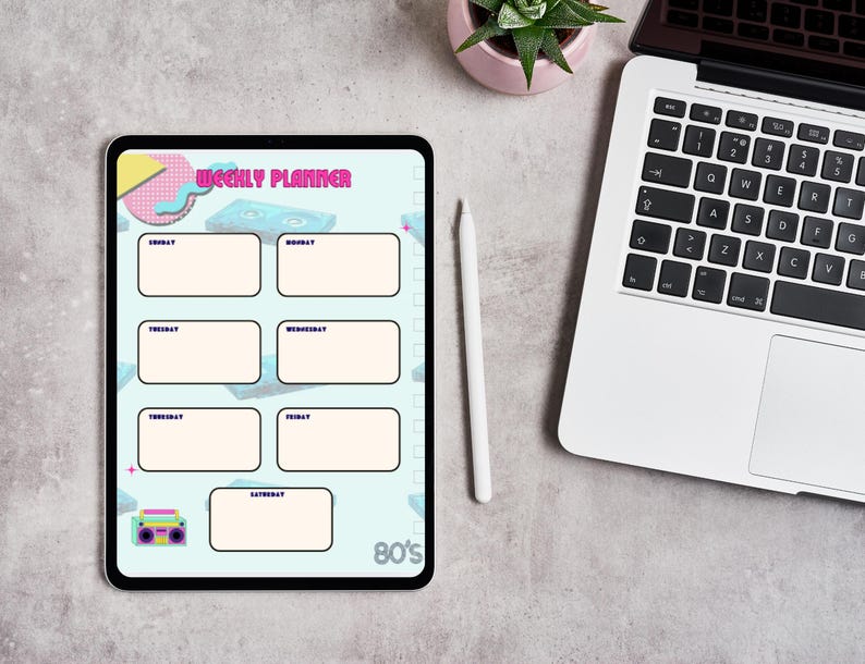 May include: A digital weekly planner with an 80s theme. The planner features a light blue background with retro graphics and the text "WEEKLY PLANNER". A white stylus and a laptop are next to the tablet. A small succulent plant in a pink pot is also visible.