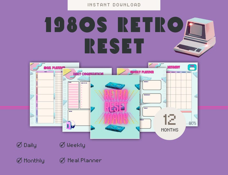 Retro Digital Planner PDF | 80s Vintage Aesthetic | Daily Weekly Monthly Meal Planner | iPad Digital Planner | Printable Planner Download image 3