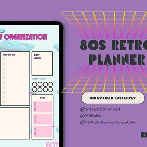 May include: Digital 80s Retro Planner with a purple background and a grid design. The planner includes sections for goals, to-do lists, daily quotes, and a water tracker. The text "80s Retro Planner" is prominently displayed.