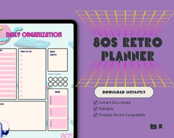 Retro Digital Planner PDF | 80s Vintage Aesthetic | Daily Weekly Monthly Meal Planner | iPad Digital Planner | Printable Planner Download