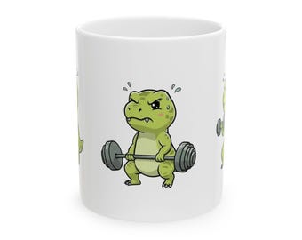 Funny Dinosaur Lifting Weights Ceramic Mug | Coffee Mug 11oz 15oz
