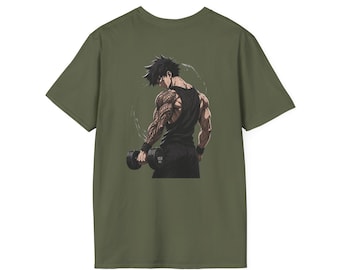 Muscular Anime Guy Back View T-Shirt | Gym Demon Tattooed Weightlifter