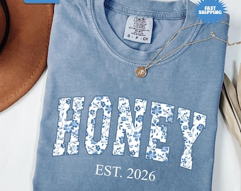 Comfort Colors® Honey Shirt, Blue Toile Floral Grandma Tshirt, Honey Shirt, Grandma Tshirt, New Grandma Gift, Pregnancy Announcement Tee