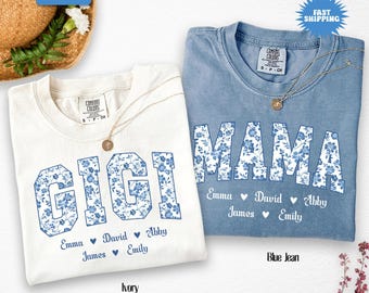Personalized Gigi Comfort Colors® Grandma Shirt With Grandkids Names, Custom Mimi Tee, Dusty Blue Floral Grandma Mama Shirt, Gift for Nana